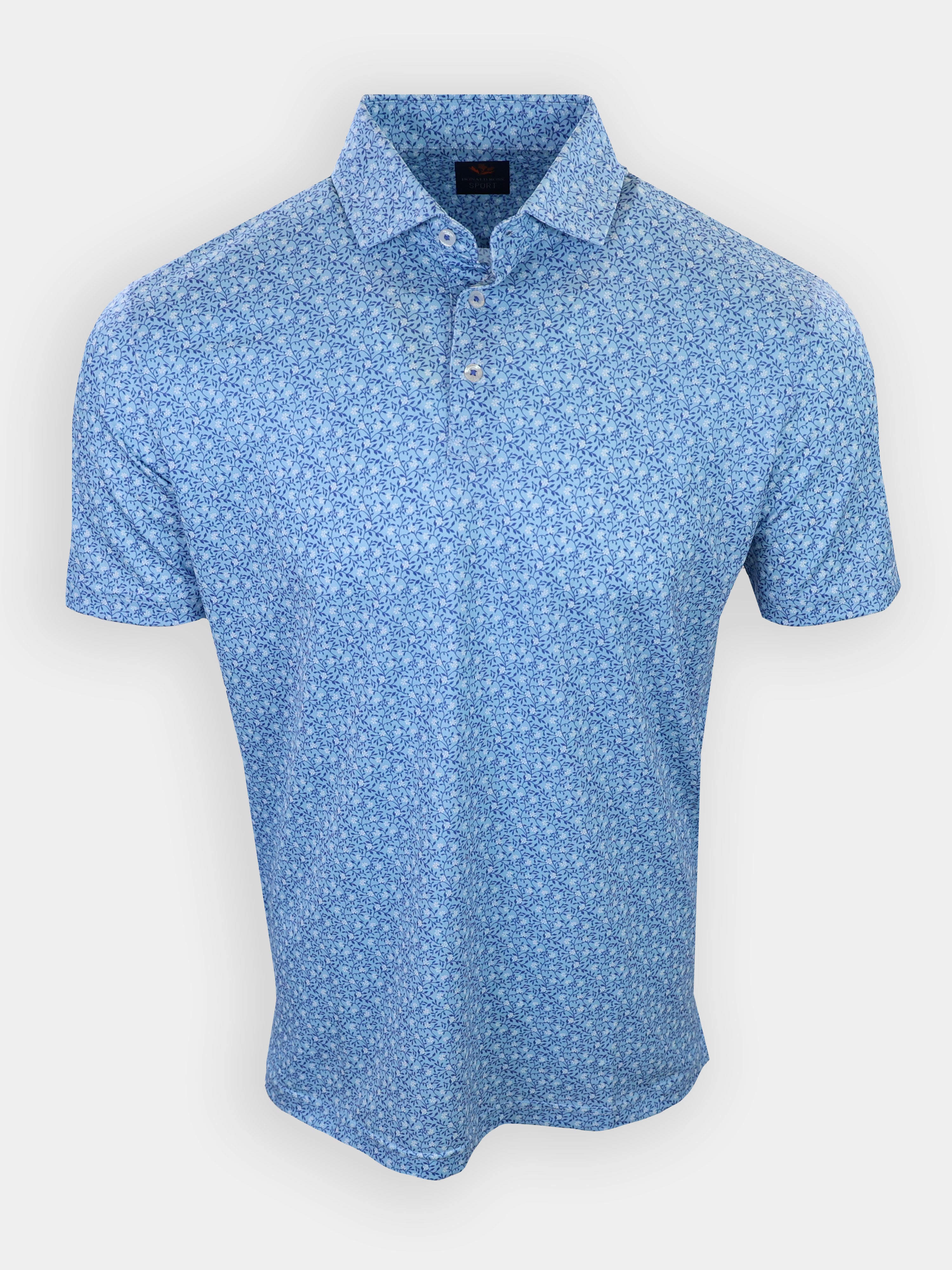 Short-sleeve polo shirt with a blue floral pattern and a buttoned collar.