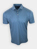 Short-sleeved polo shirt with a blue floral pattern and a collar is displayed against a plain background.