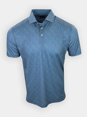 Short-sleeved polo shirt with a blue floral pattern and a collar is displayed against a plain background.