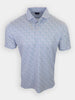 Short-sleeved shirt with a floral pattern in shades of blue and pink on a white background.