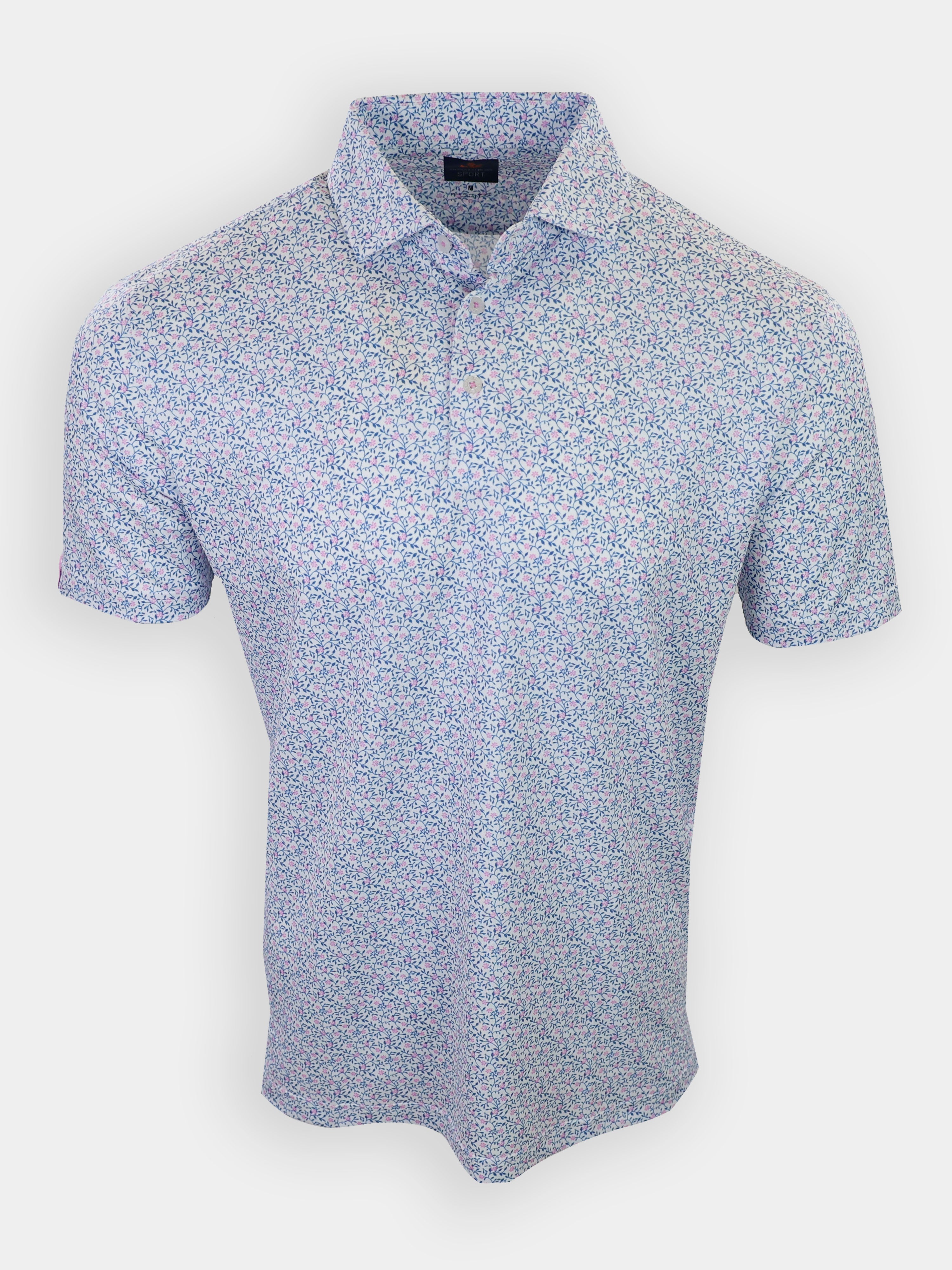 Short-sleeved shirt with a floral pattern in shades of blue and pink on a white background.