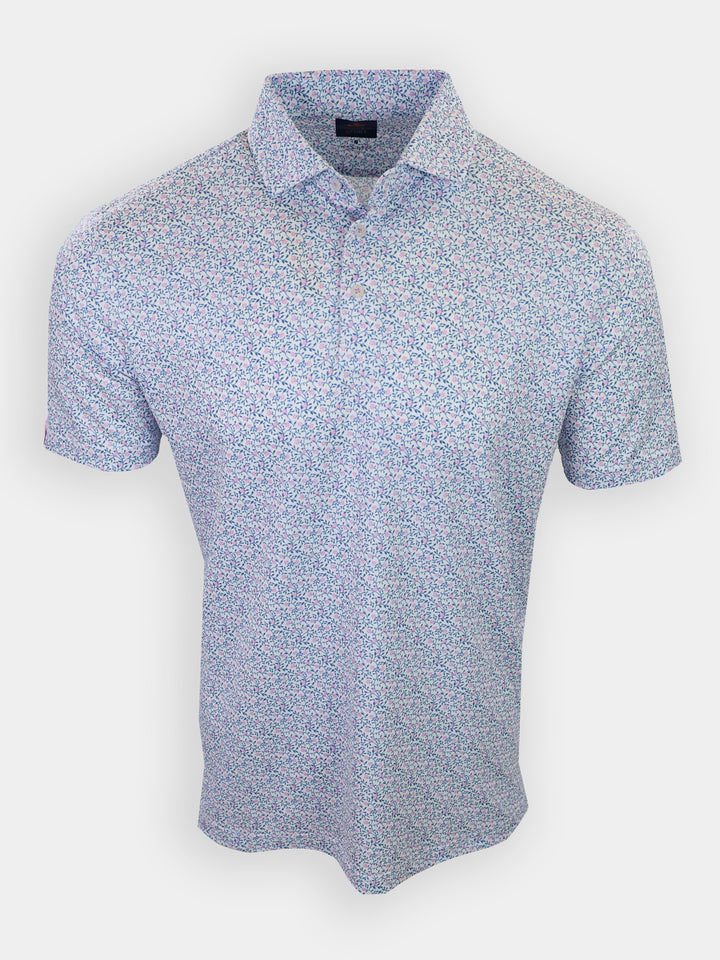 Short-sleeved shirt with a floral pattern in shades of blue and pink on a white background.