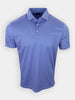 Blue patterned polo shirt displayed against a white background.
