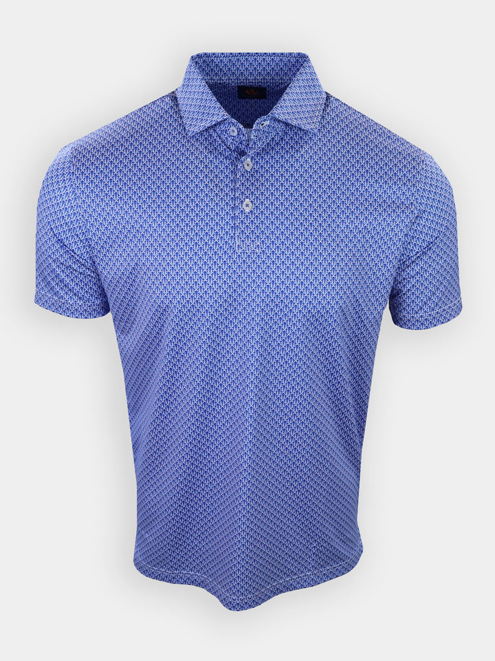 Blue patterned polo shirt displayed against a white background.