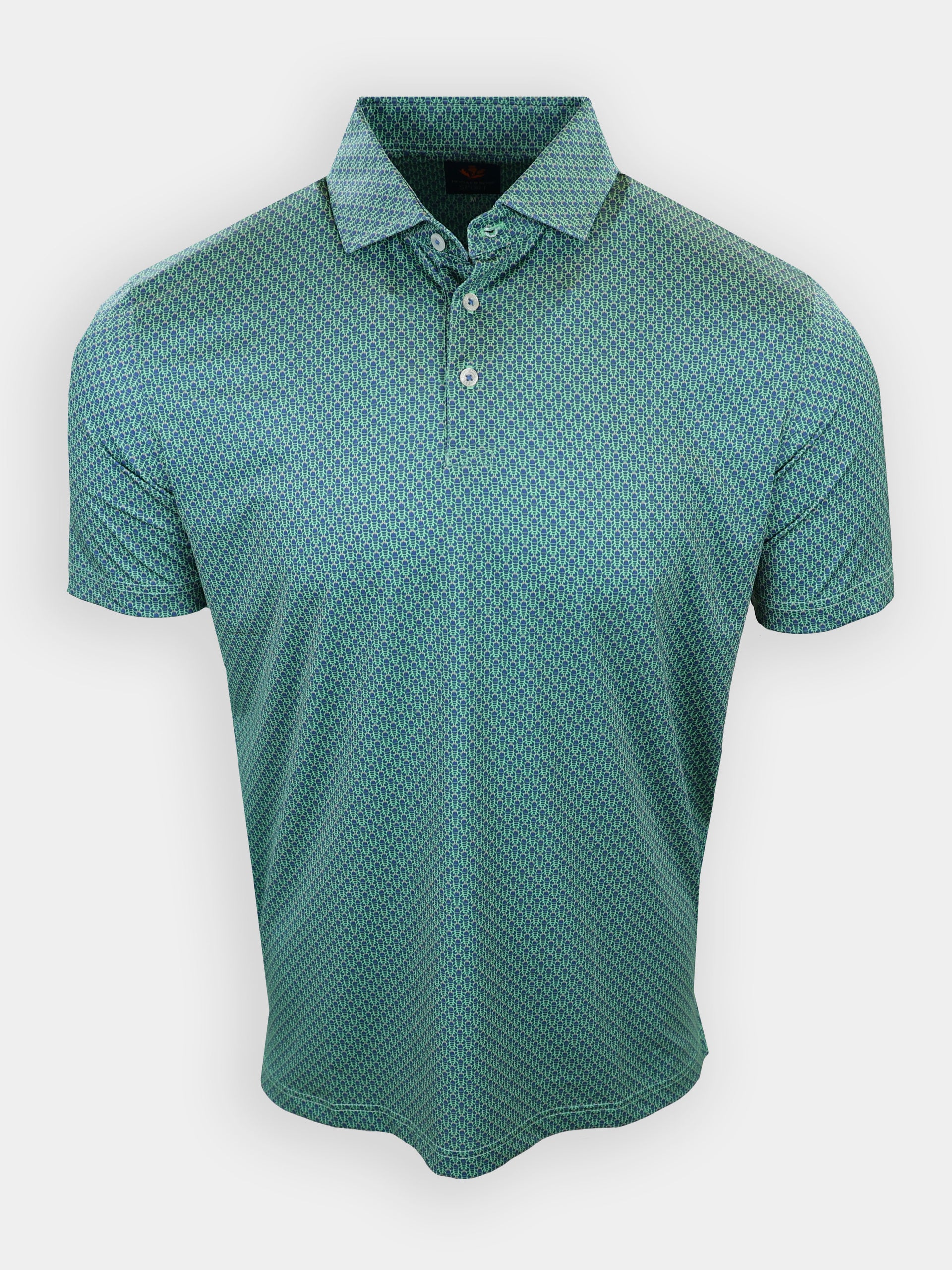A short-sleeved, turquoise polo shirt featuring a geometric pattern is displayed against a white background.