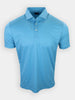Short-sleeved, collared polo shirt in a light blue color with a geometric pattern.