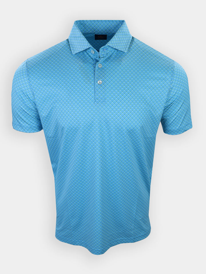 Short-sleeved, collared polo shirt in a light blue color with a geometric pattern.