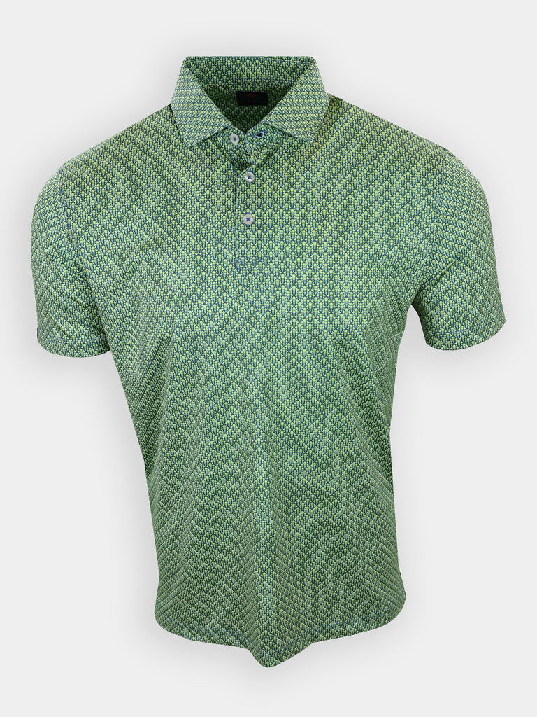 Green polo shirt with a geometric pattern and a collar, displayed front-facing.