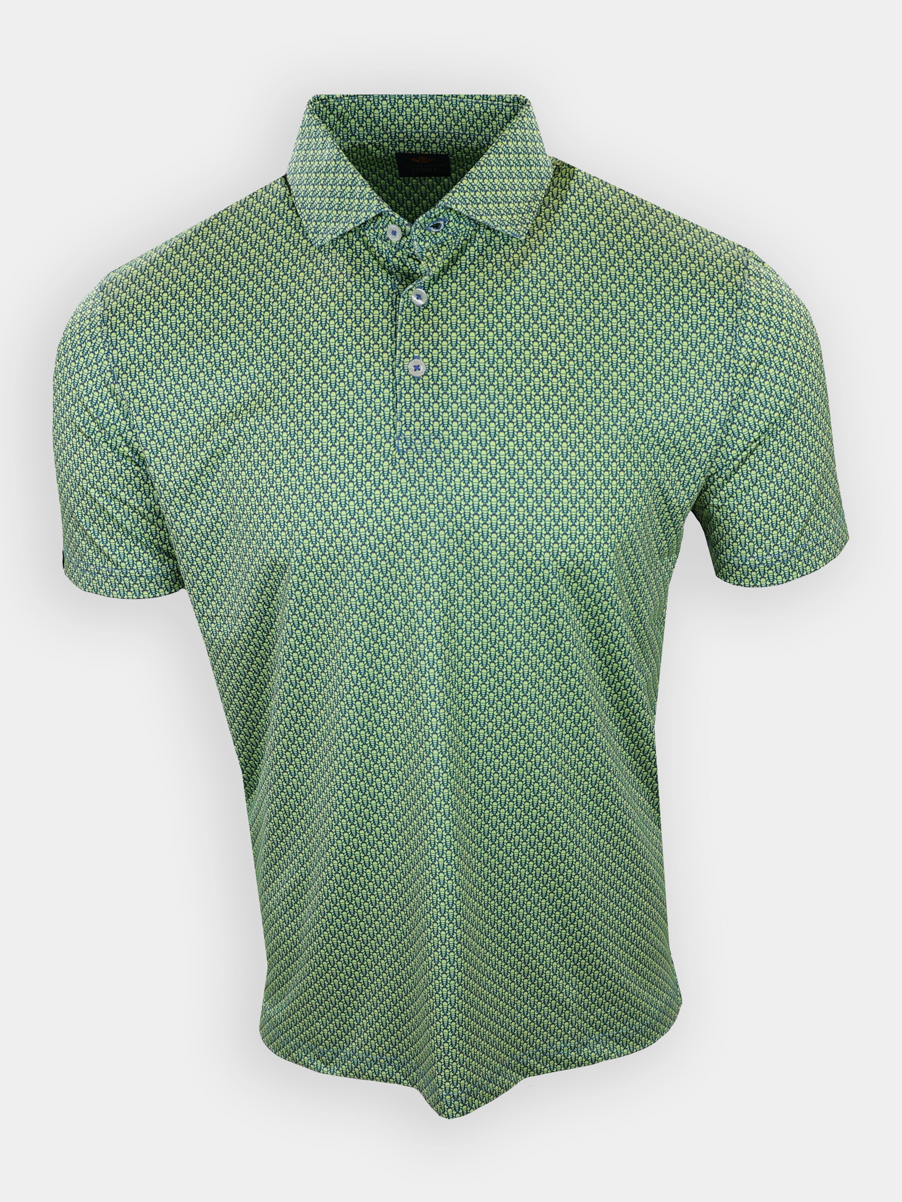 Green polo shirt with a geometric pattern and a collar, displayed front-facing.