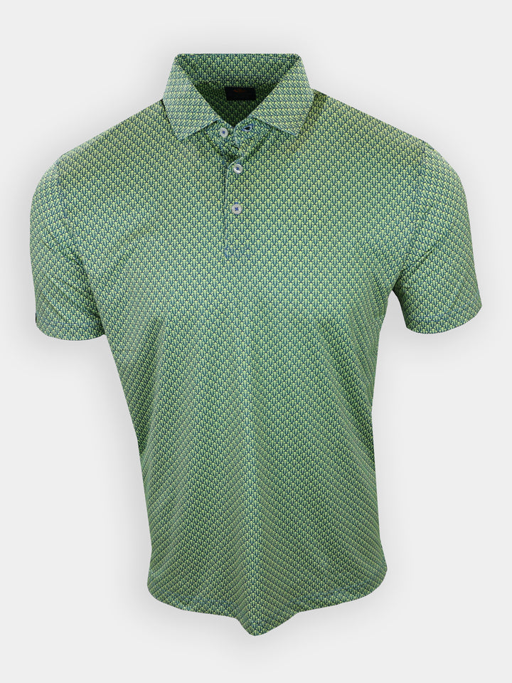 Green polo shirt with a geometric pattern and a collar, displayed front-facing.