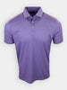 A short-sleeved purple polo shirt with a patterned design is displayed against a white background.