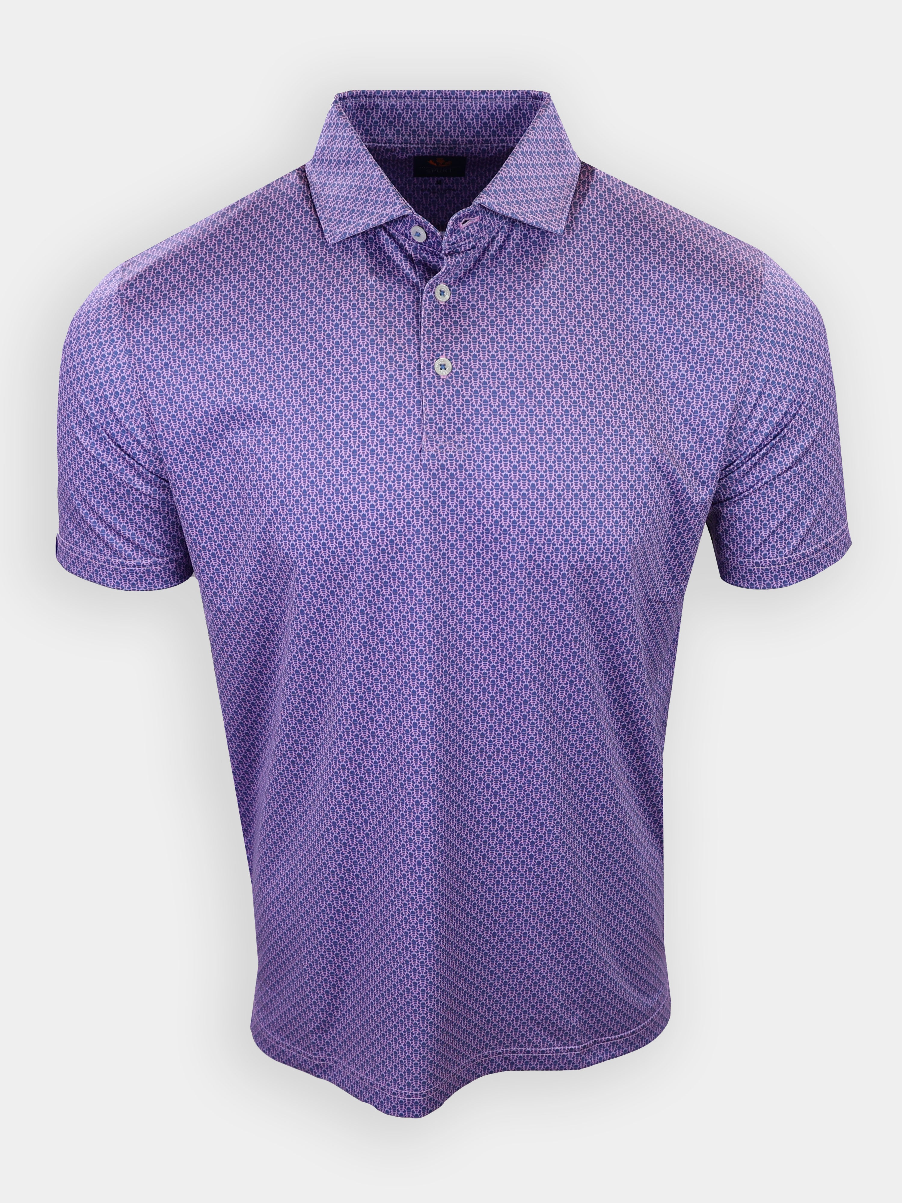 A short-sleeved purple polo shirt with a patterned design is displayed against a white background.