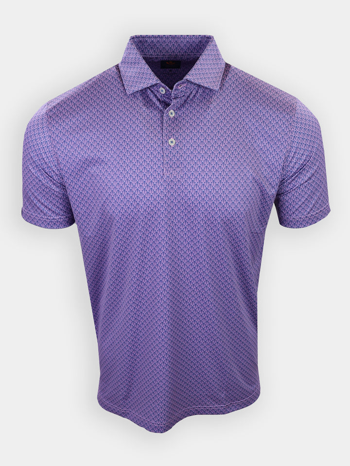 A short-sleeved purple polo shirt with a patterned design is displayed against a white background.