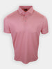 A short-sleeved, pink patterned polo shirt is displayed against a plain white background.
