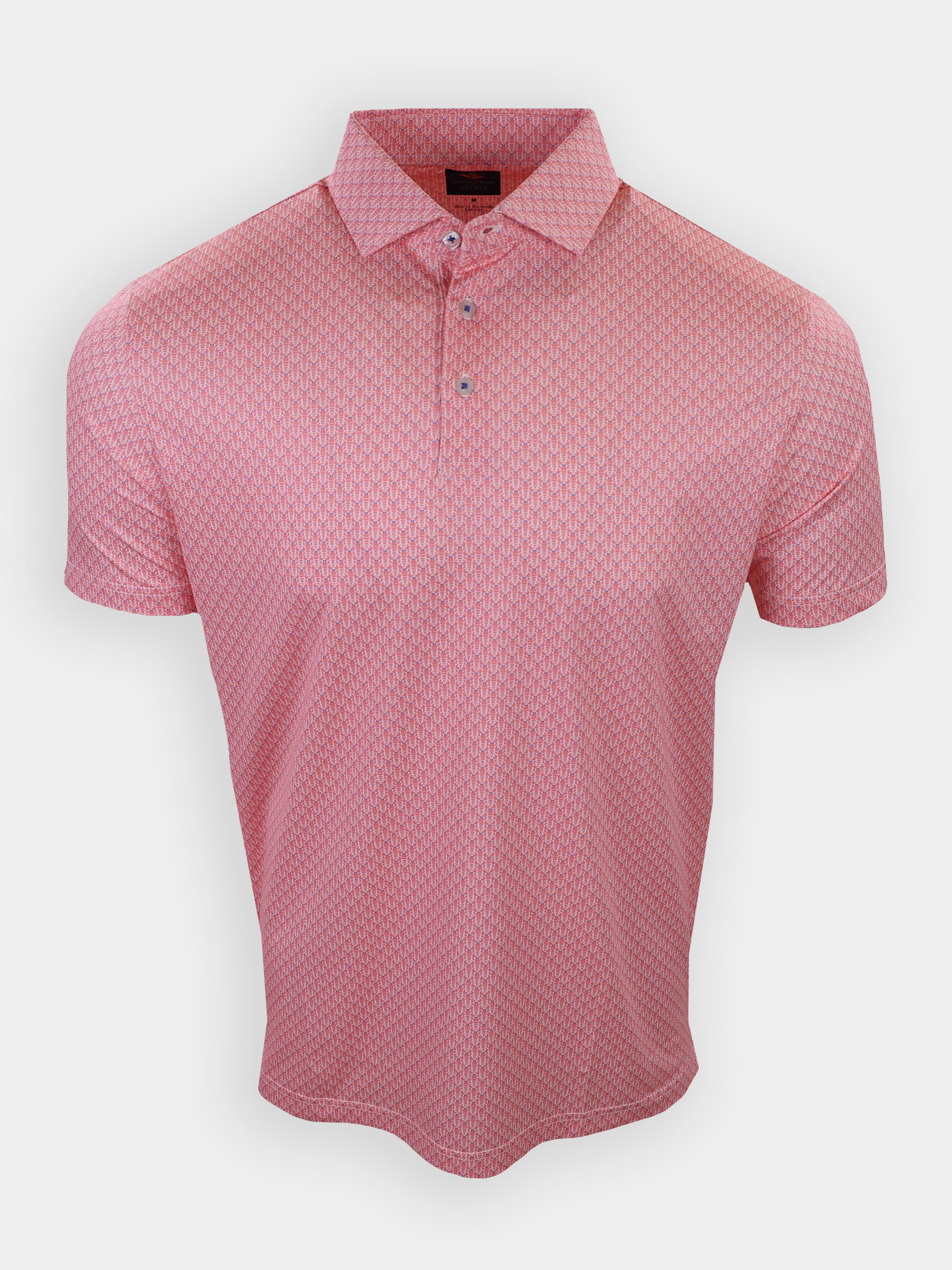 A short-sleeved, pink patterned polo shirt is displayed against a plain white background.