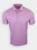 A short-sleeve polo shirt in pink with a patterned design is displayed frontally.