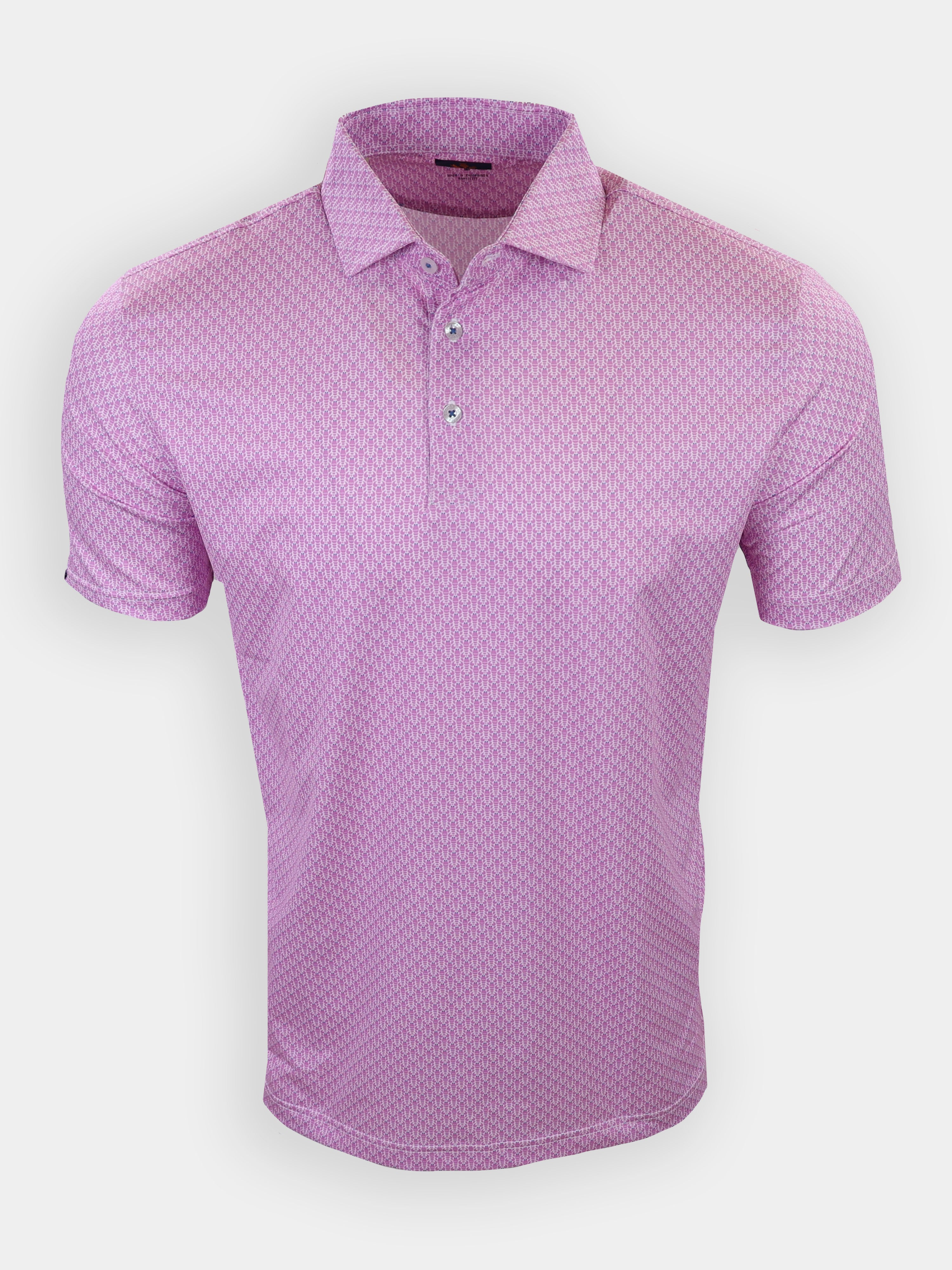 A short-sleeve polo shirt in pink with a patterned design is displayed frontally.
