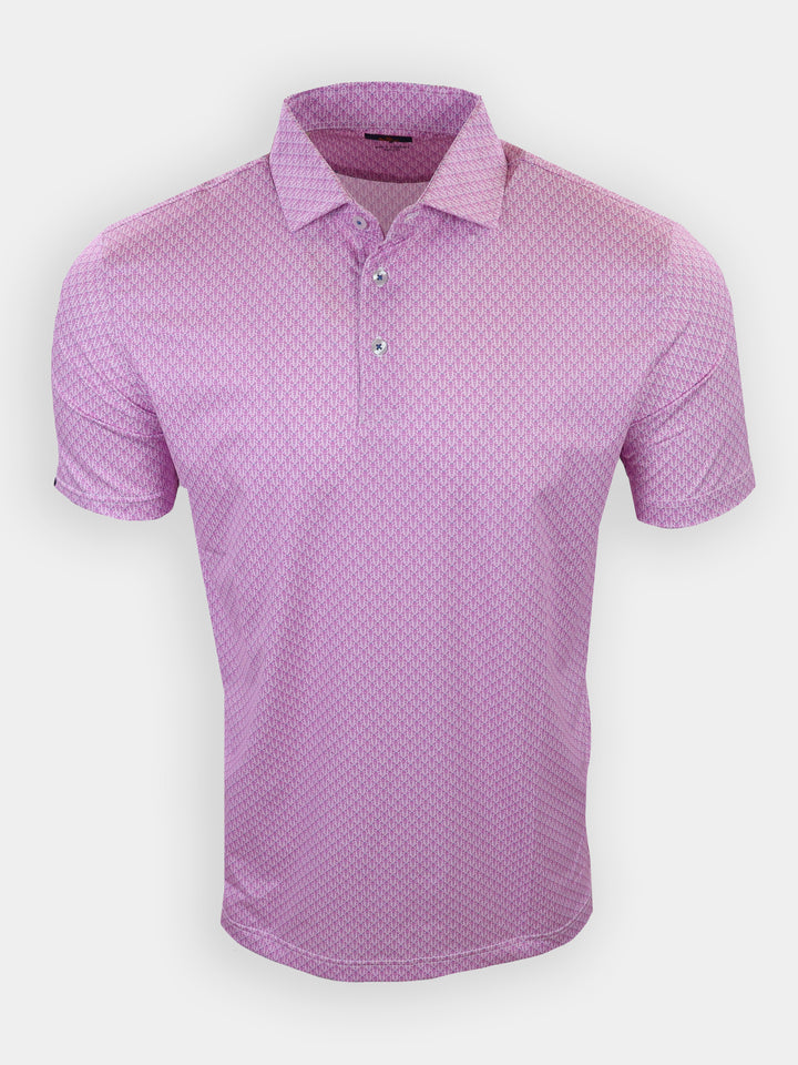 A short-sleeve polo shirt in pink with a patterned design is displayed frontally.