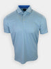Short-sleeved polo shirt with a paisley pattern in shades of blue and green.