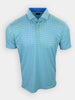 A short-sleeved, blue polo shirt with a patterned design in light green and yellow is displayed against a white background.