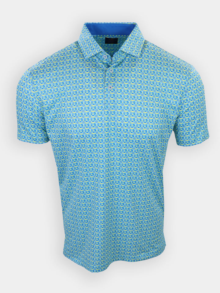 A short-sleeved, blue polo shirt with a patterned design in light green and yellow is displayed against a white background.