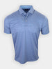 Short-sleeved polo shirt in light blue with a geometric pattern featuring circles in various shades of blue and pink.