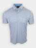 Light blue polo shirt with a geometric pattern in shades of pink and blue.