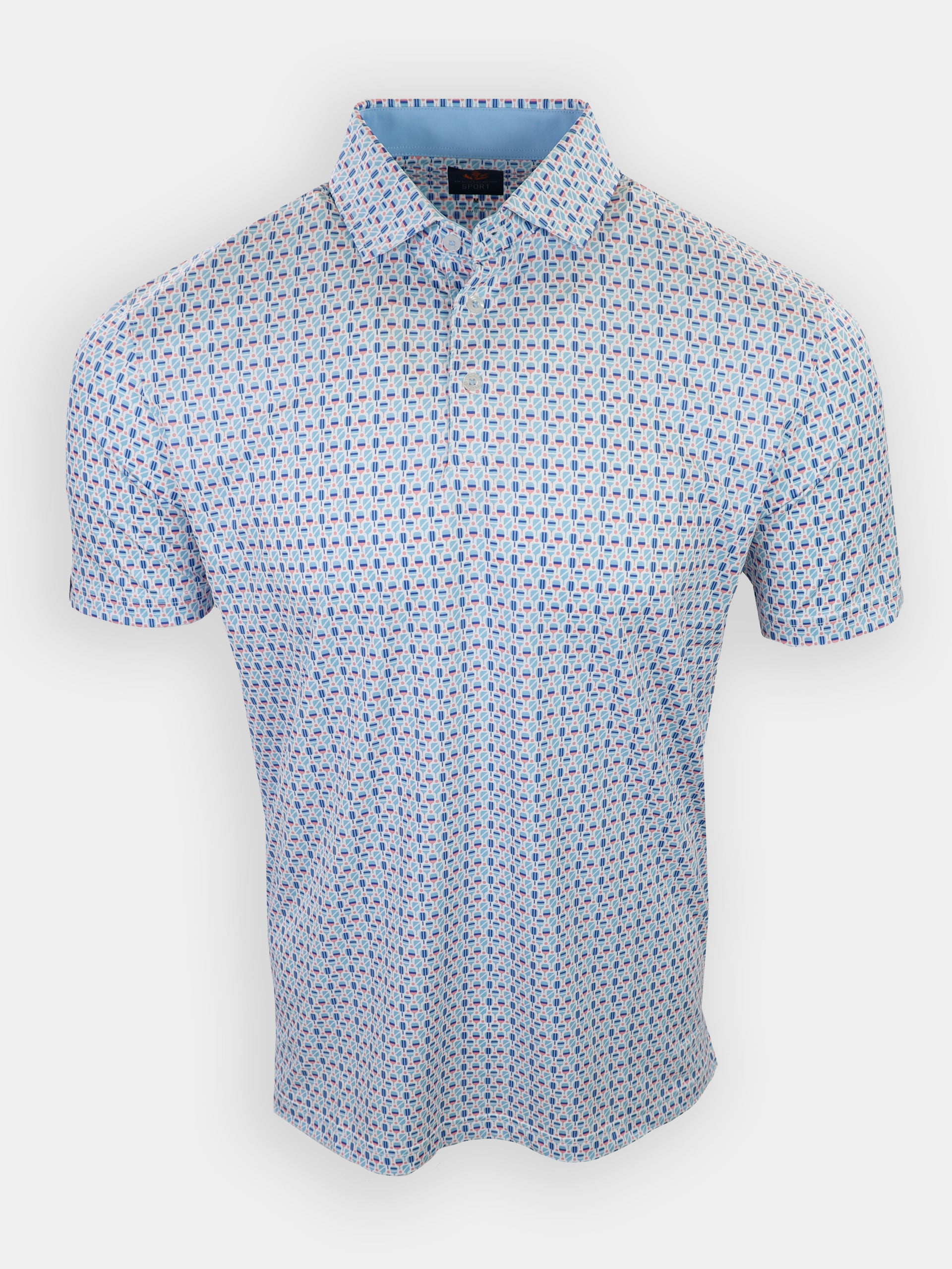 Light blue polo shirt with a geometric pattern in shades of pink and blue.