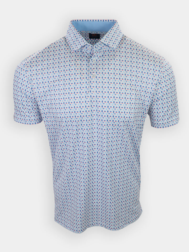 Light blue polo shirt with a geometric pattern in shades of pink and blue.