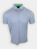 A short-sleeved polo shirt with a patterned design of blue and green leaves and a light green collar is displayed.