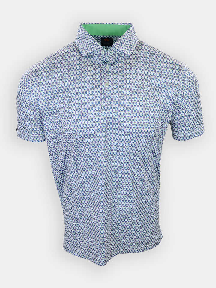 A short-sleeved polo shirt with a patterned design of blue and green leaves and a light green collar is displayed.