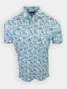 Short-sleeved shirt with a floral pattern in shades of blue and green on a white background.