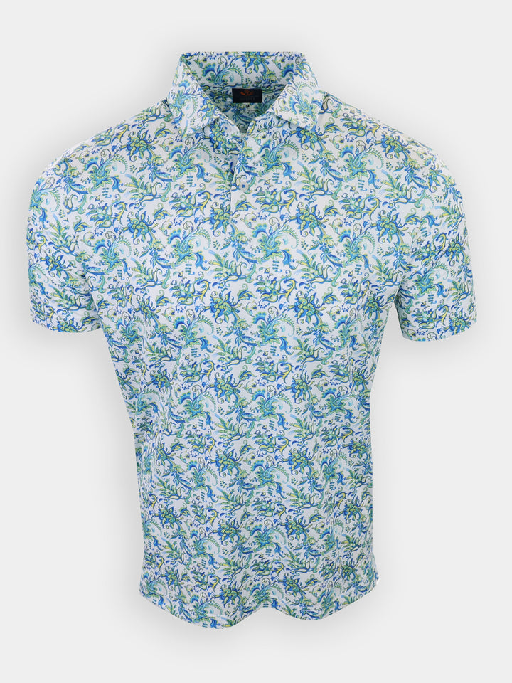 Short-sleeved shirt with a floral pattern in shades of blue and green on a white background.