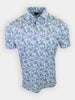 Short-sleeved shirt with a blue and green floral pattern on a white background.