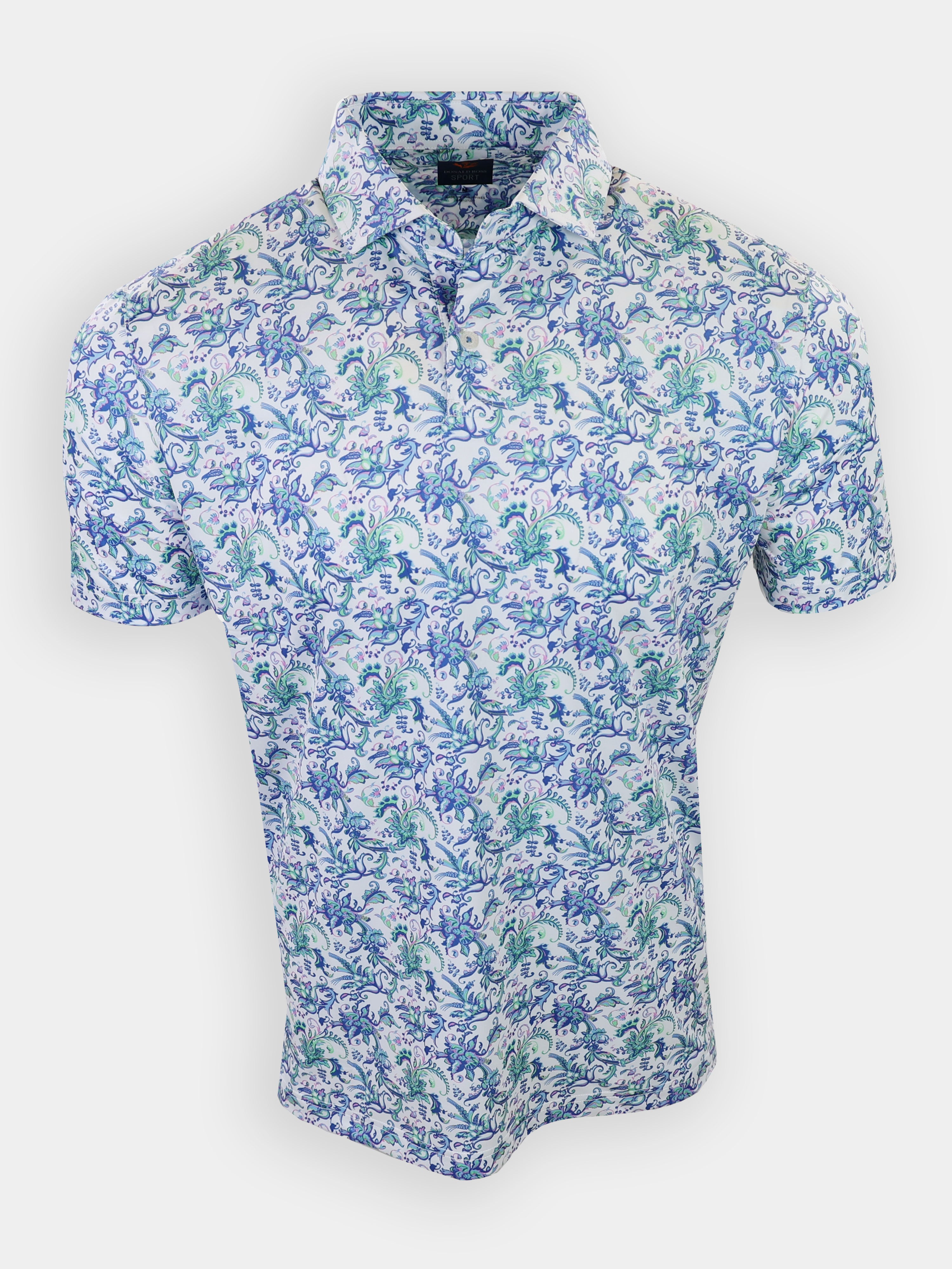 Short-sleeved shirt with a blue and green floral pattern on a white background.