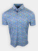 Short-sleeve polo shirt featuring a blue background with a colorful, swirling pattern of various sea creatures and plants.