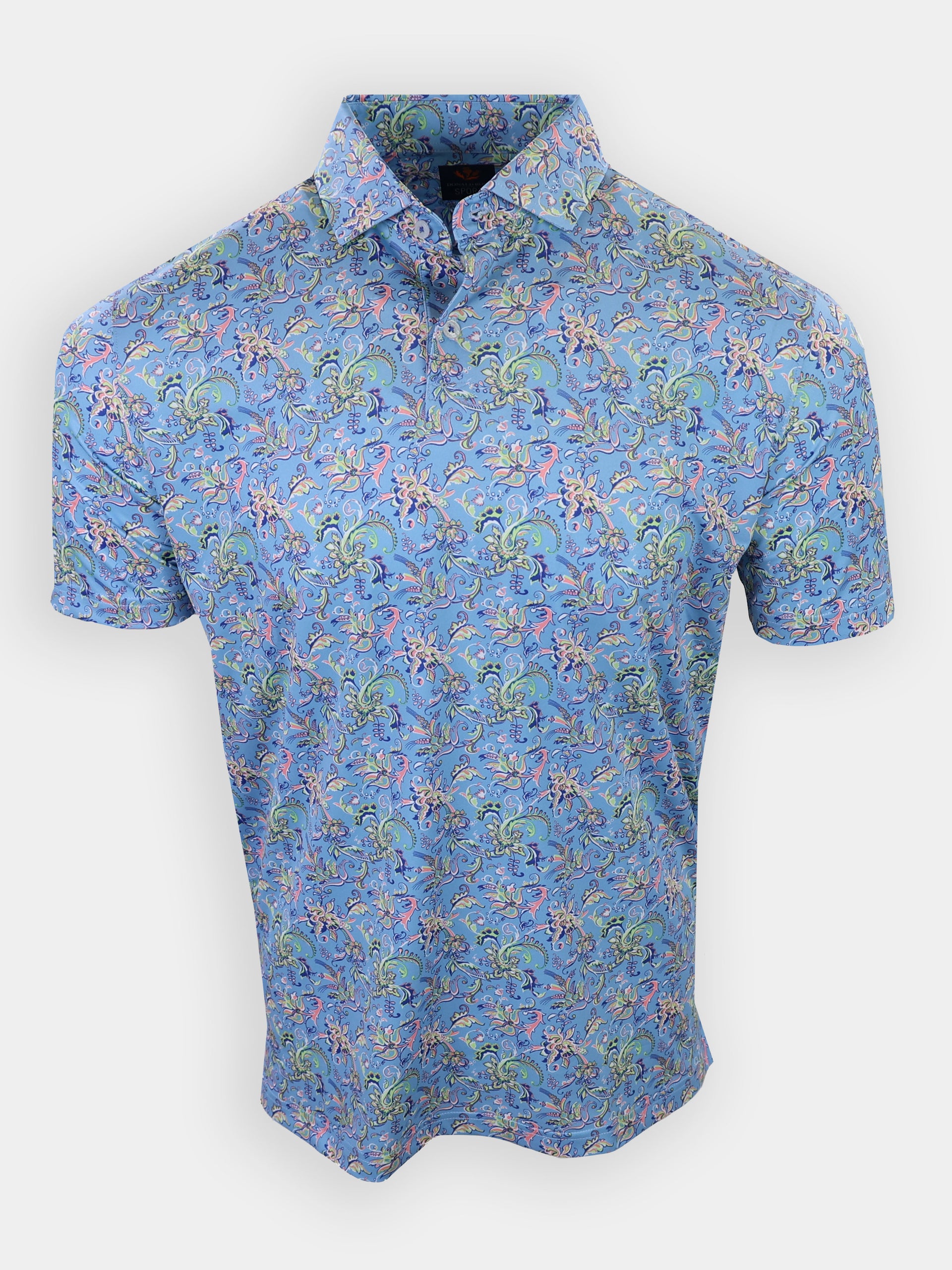 Short-sleeve polo shirt featuring a blue background with a colorful, swirling pattern of various sea creatures and plants.