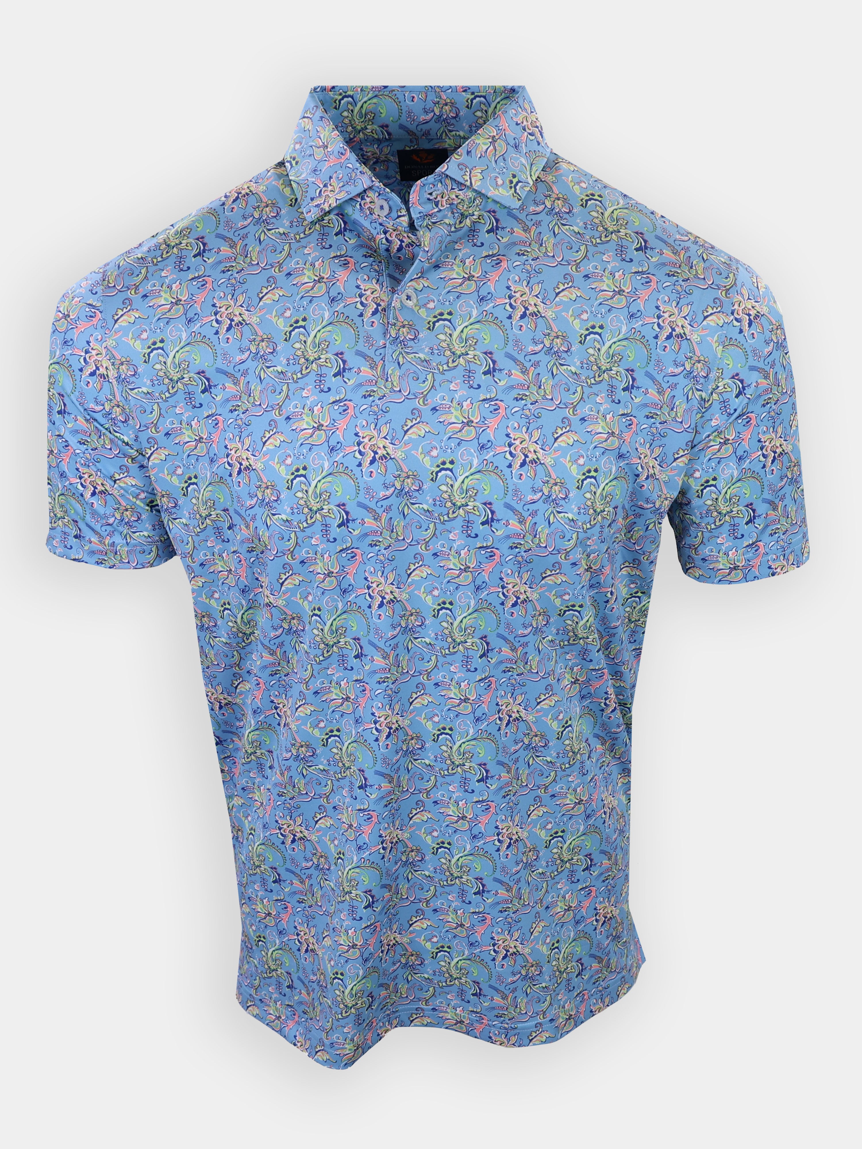 Short-sleeve polo shirt featuring a blue background with a colorful, swirling pattern of various sea creatures and plants.