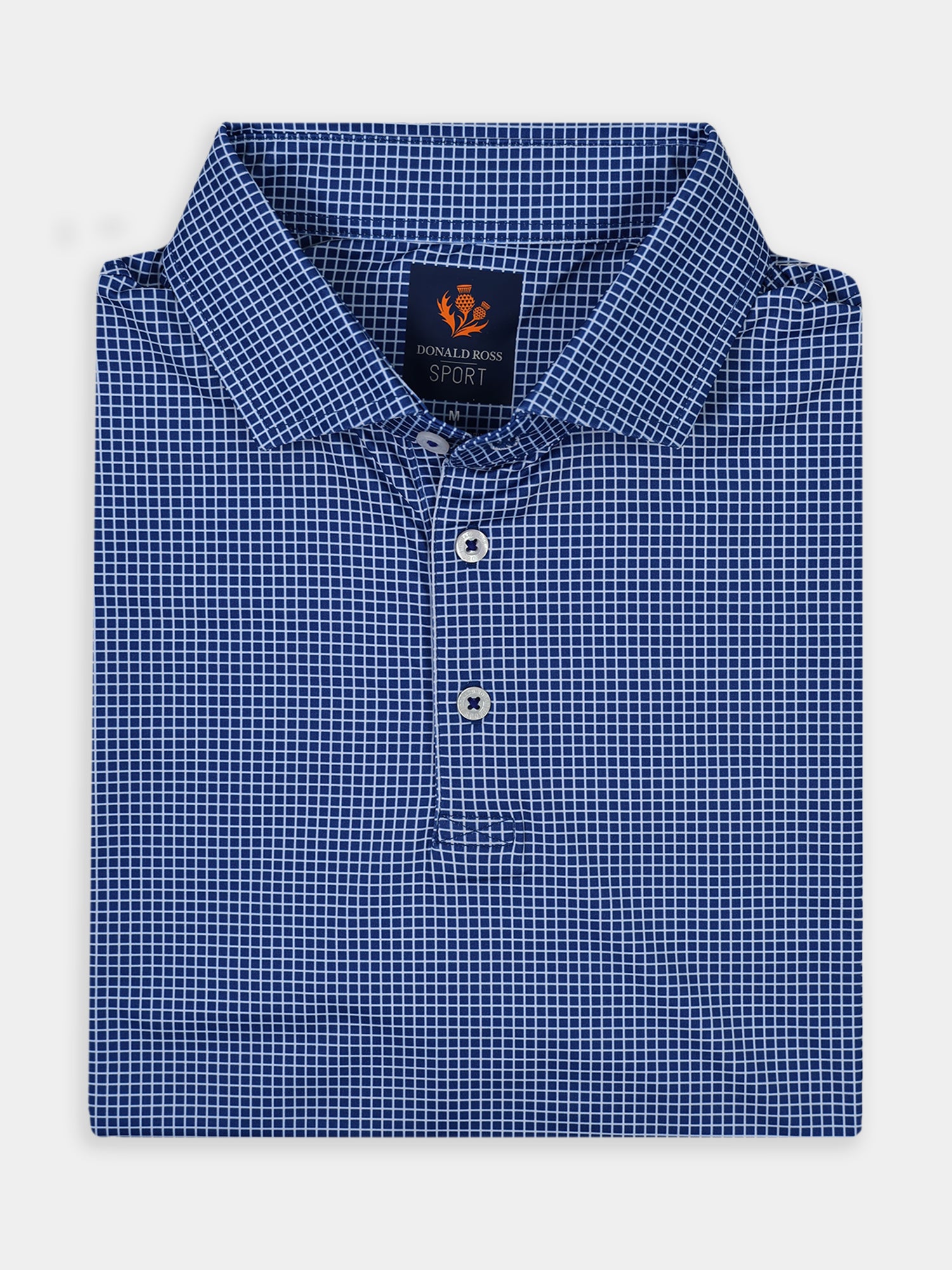 Blue checkered polo shirt with a classic collar, featuring a buttoned front and a small brand label inside the neck