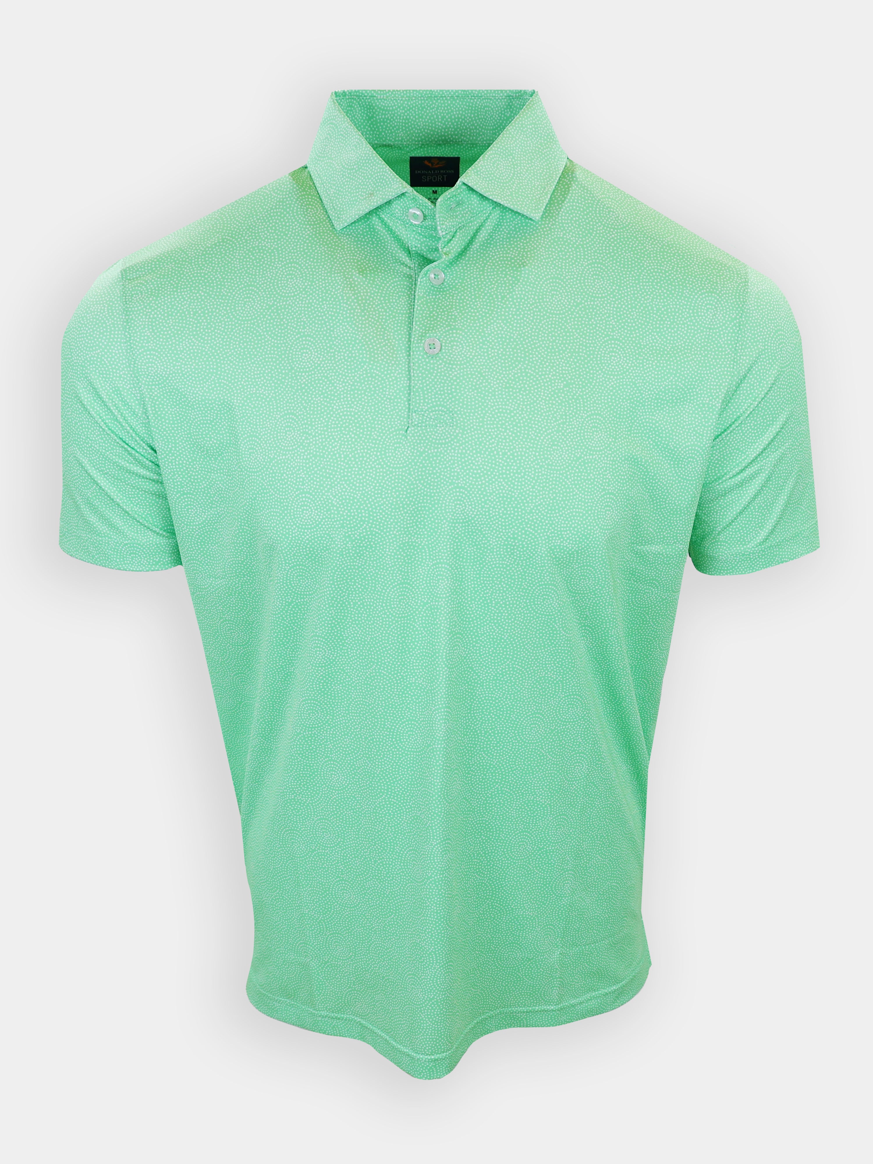 Short-sleeved polo shirt in light green with a textured pattern and a collar.