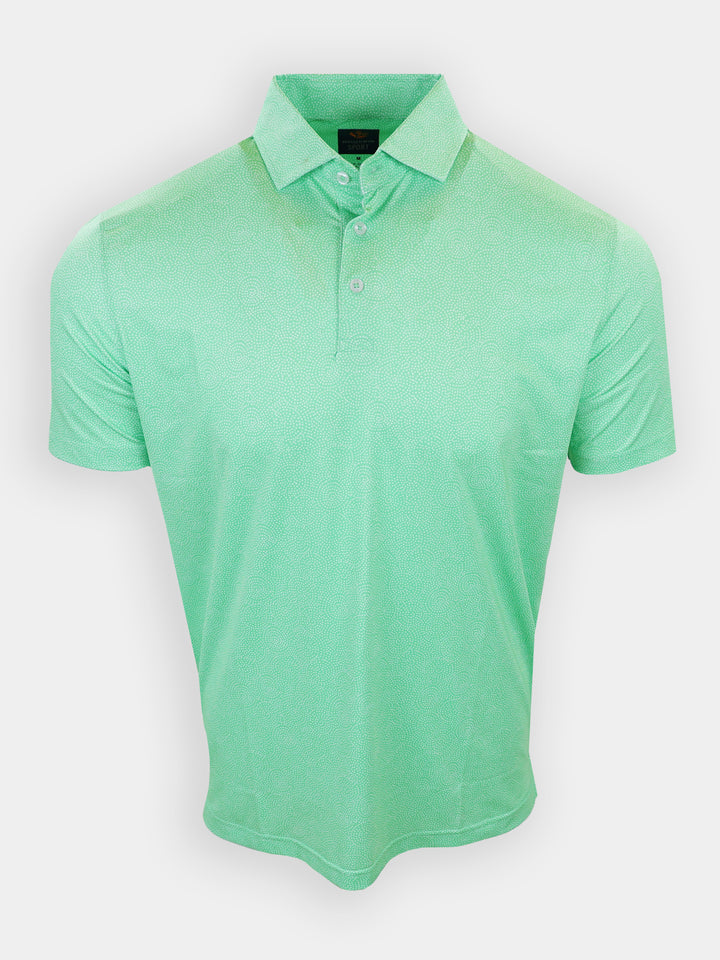 Short-sleeved polo shirt in light green with a textured pattern and a collar.