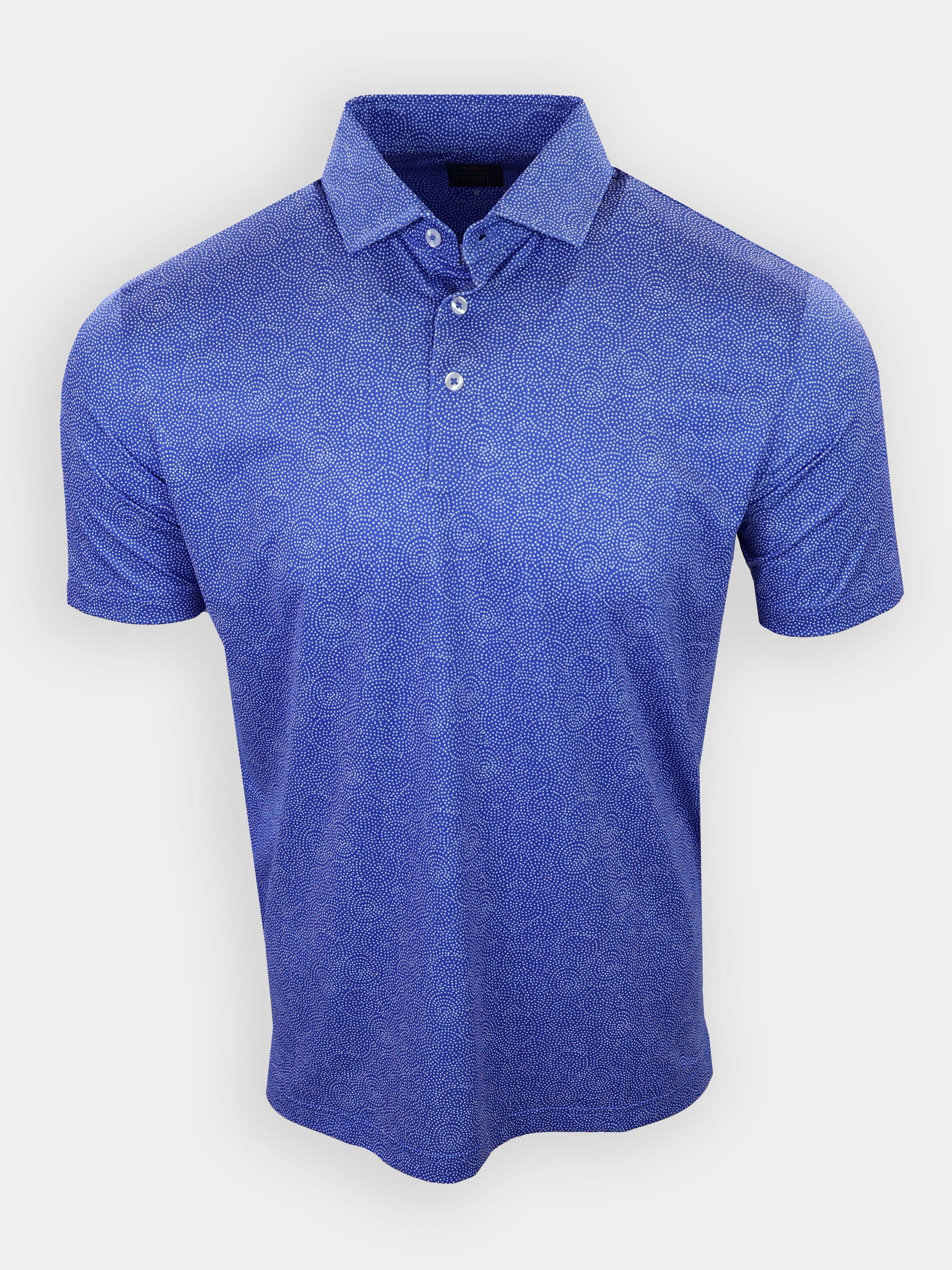 Blue patterned polo shirt displayed against a plain white background.