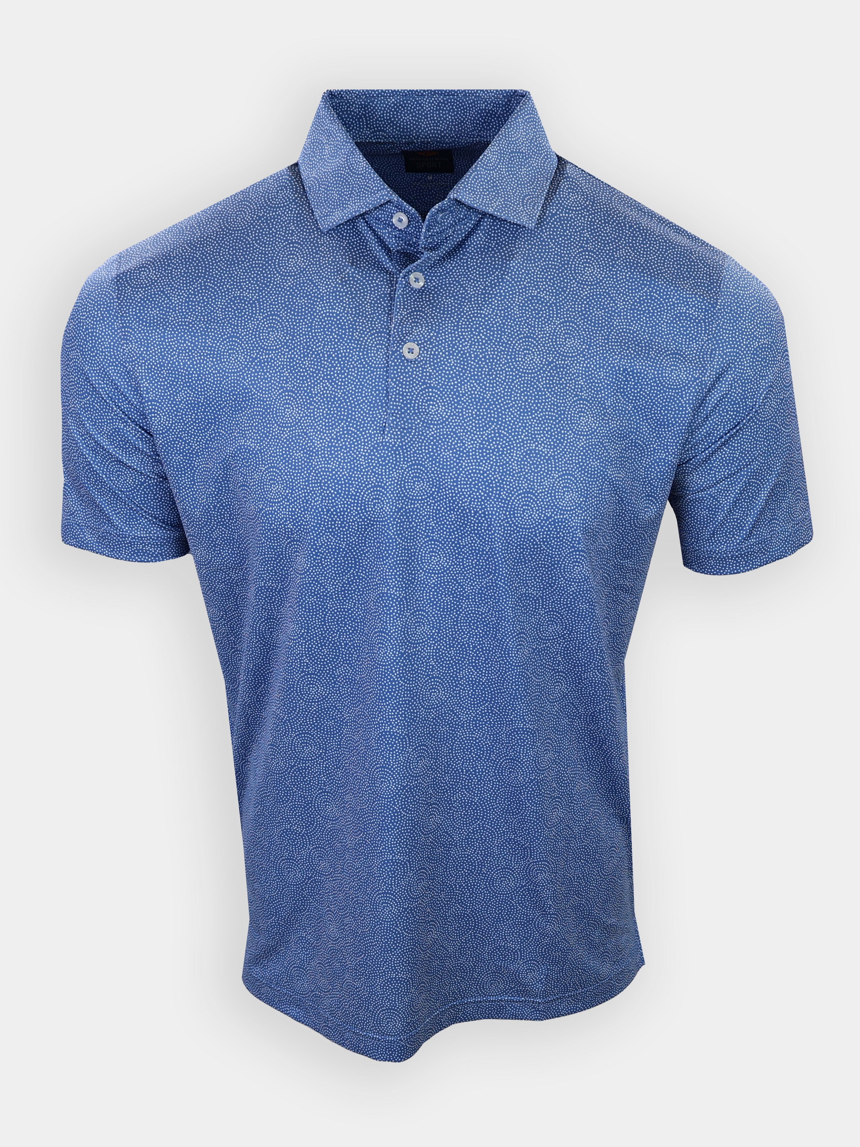 A blue polo shirt with a patterned design and a collar is displayed against a plain background.