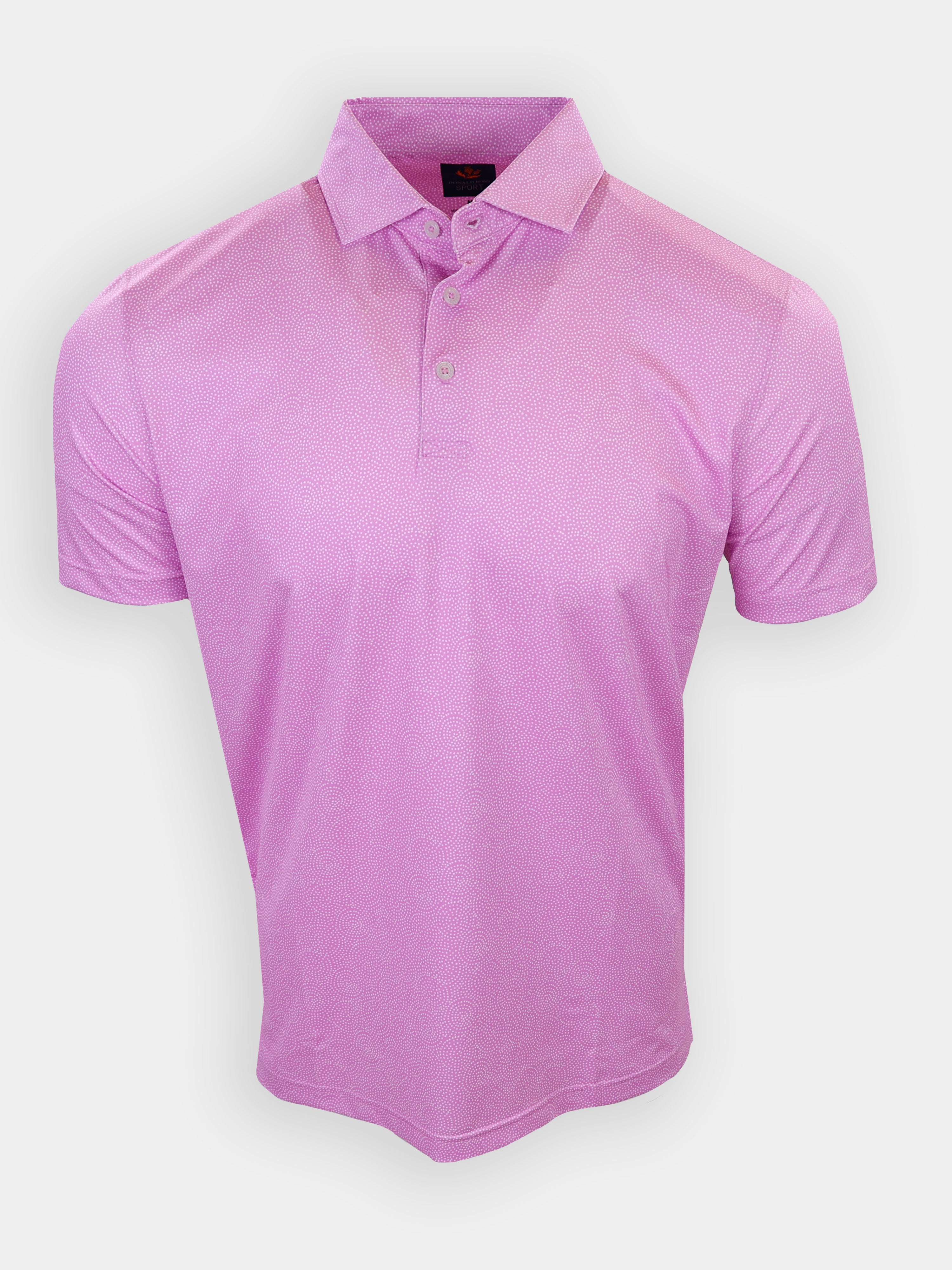 Short-sleeved polo shirt in a vibrant pink color with a subtle pattern and a pointed collar.