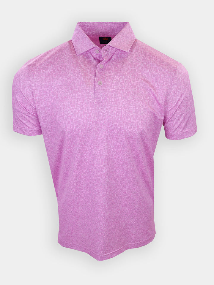 Short-sleeved polo shirt in a vibrant pink color with a subtle pattern and a pointed collar.