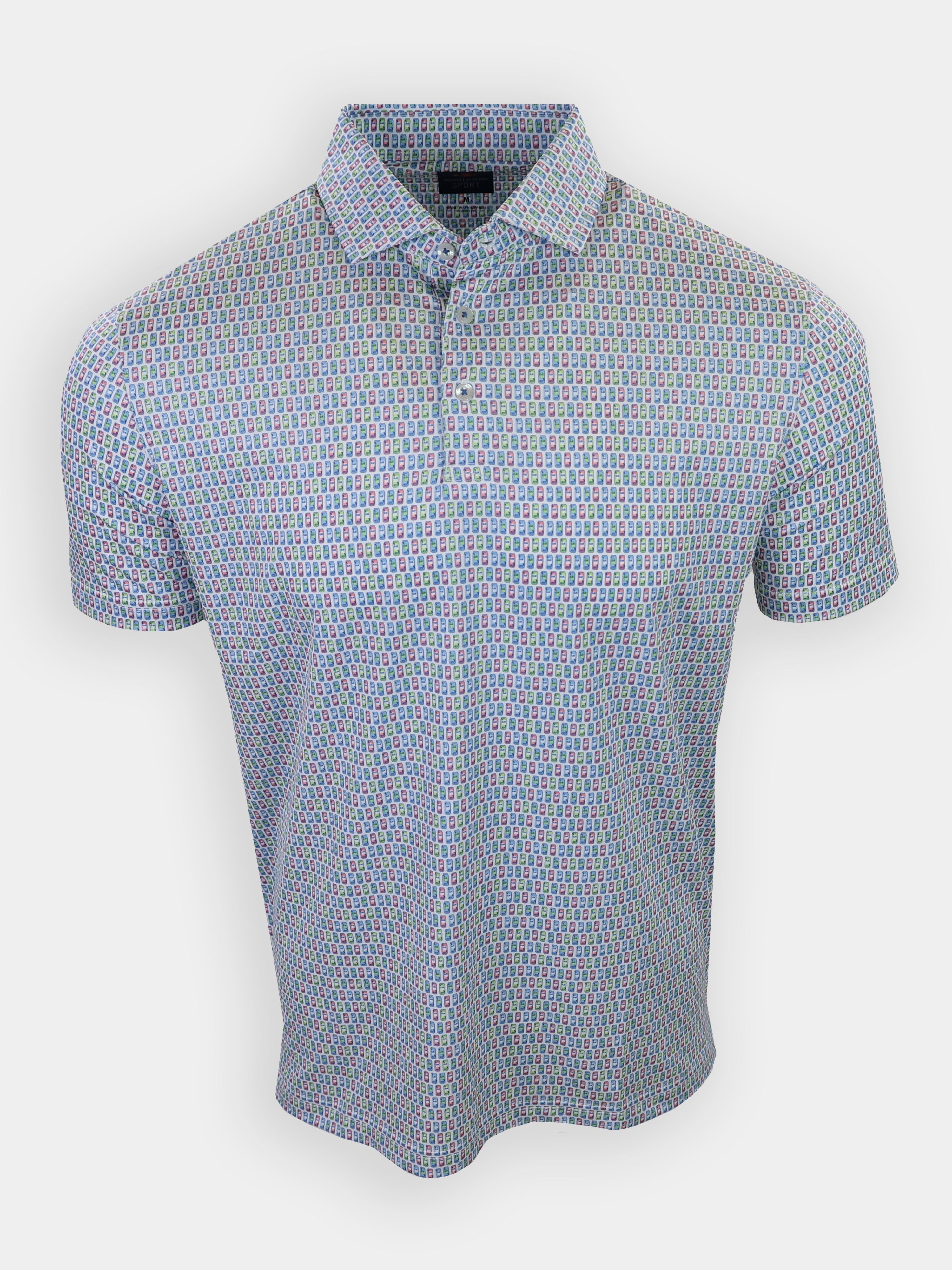 Short-sleeved polo shirt featuring a multicolored geometric pattern against a light background.