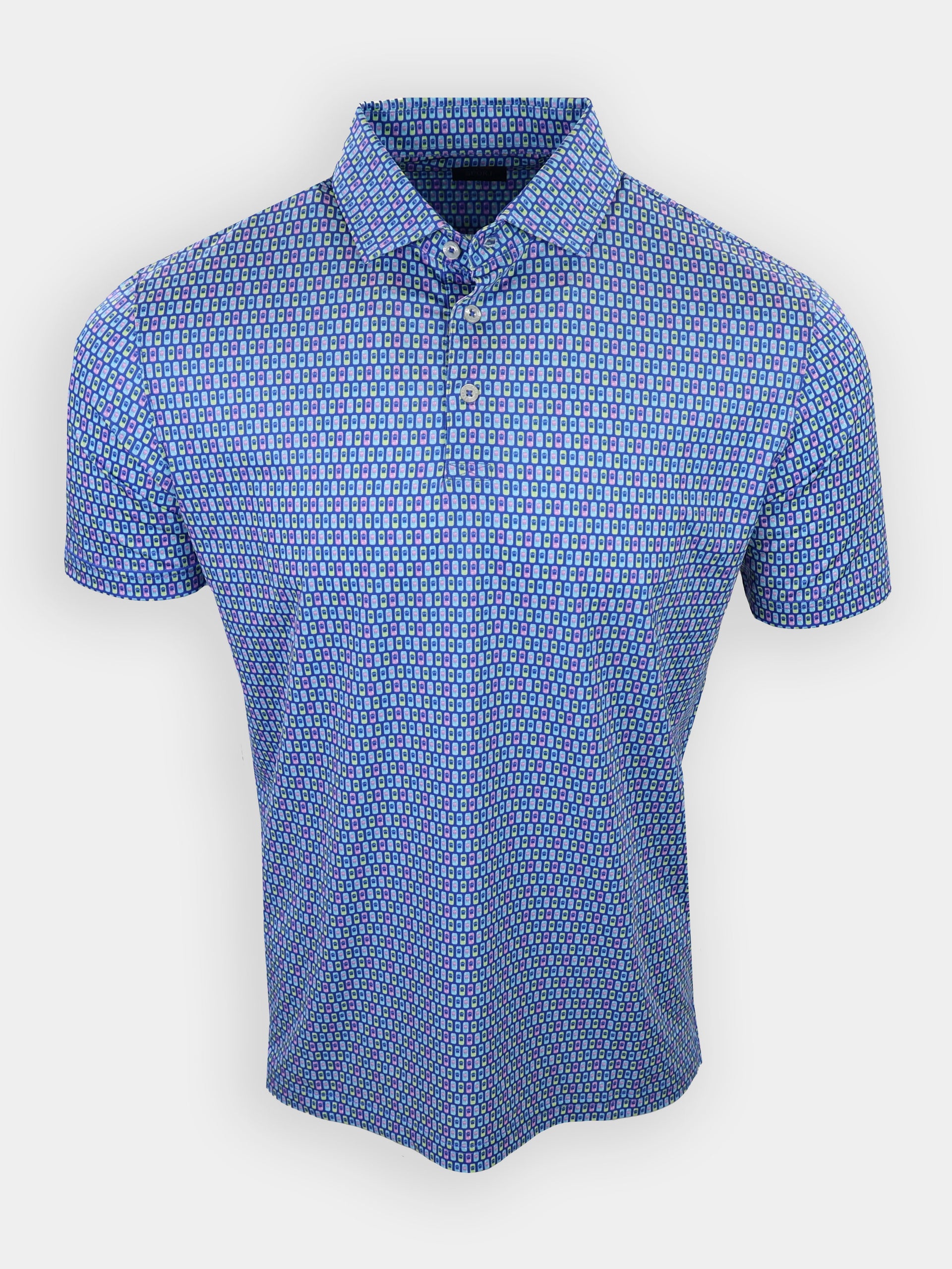 Collared short-sleeve shirt featuring a blue pattern with geometric shapes.