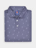 Folded gray polo shirt with white golfer print, featuring a branded label reading "Donald Ross Sport" inside the collar