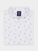 White polo shirt with small navy blue golfer print, neatly folded