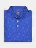 Folded blue polo shirt featuring a small white stick figure golfer pattern